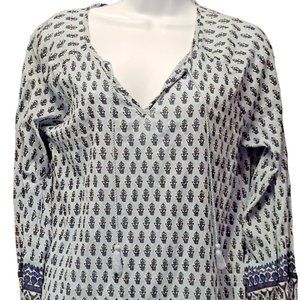 Beach Lunch Lounge Collection Pullover Top Blue Medallion Print Tasseled  Top